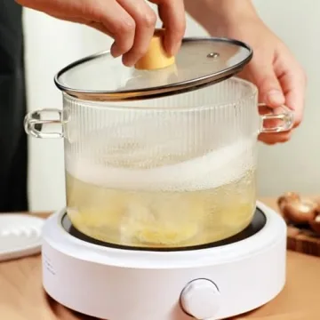 Clear Glass Cooking Pot With Lid And Brush On Stove - 1.8L(61oz) Borosilicate Glass Simmer Pot With Cover - Glass Cookware Stovetop Pot Set For Pasta Noodle, Soup, Milk