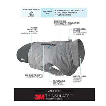 Outward Hound Silverton Weatherproof Thinsulate Warm Coat for Dogs, Grey, XS