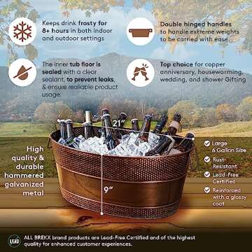 BREKX Aspen Galvanized Tub, Copper Finish Metal Ice and Drink Cooler for Parties, Sealed Leak Resistant Party Cooler, Easy to Clean, Handcrafted, Large Oval 25-Quart (6 Gallon), 30 Bottle Bucket