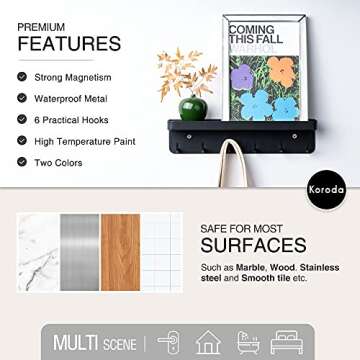 koroda Magnetic Key Holder for Wall: Self Adhesive Key Rack with Small Shelf and 6 Metal Hooks - Wall Mount Mail Organizer with Hanger for Door Entryway Hallway and Office (Modern Black)