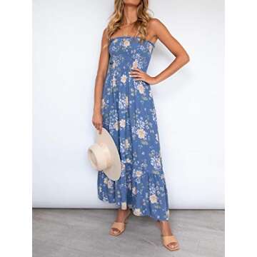 ZESICA Women's Summer Bohemian Floral Printed Strapless Beach Party Long Maxi Dress,Floral2,Small