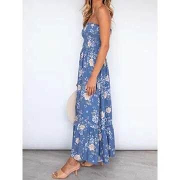 ZESICA Women's Summer Bohemian Floral Printed Strapless Beach Party Long Maxi Dress,Floral2,Small