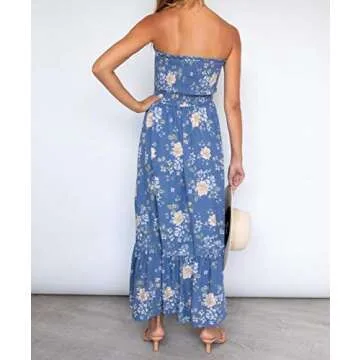 ZESICA Women's Summer Bohemian Floral Printed Strapless Beach Party Long Maxi Dress,Floral2,Small
