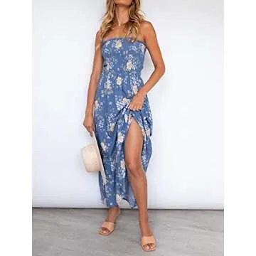 ZESICA Women's Summer Bohemian Floral Printed Strapless Beach Party Long Maxi Dress,Floral2,Small