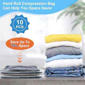 Compression Bags for Travel, 10 PCS Space Saver Bags, Hand Roll Vacuum Packing Bags for Travel, No V...