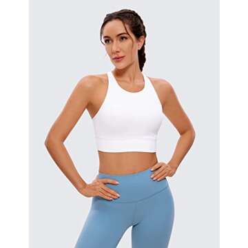 CRZ YOGA Womens Butterluxe Strappy High Neck Longline Sports Bra - Padded Criss Cross Back Workout Sports Bras Crop Tank Top White Medium