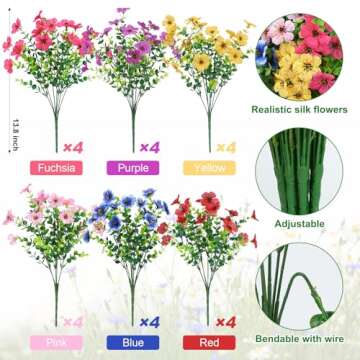 Ouddy Decor 24 Bundles Artificial Flowers for Outdoors Fake Silk Flowers UV Resistant Faux Plastic P...