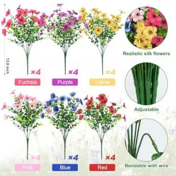 Ouddy Decor 24 Bundles Artificial Flowers for Outdoors Fake Silk Flowers UV Resistant Faux Plastic P...