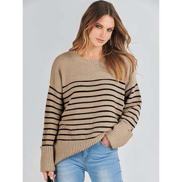 ANRABESS Women's Oversized Crewneck Long Sleeve Fuzzy Knit Casual Chunky Warm 2024 Fall Pullover Sweaters Top Trendy Outfits Camel Black Stripe Medium