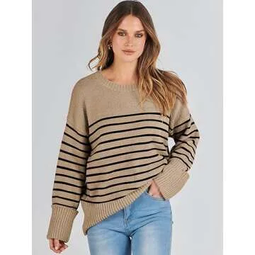 ANRABESS Women's Oversized Crewneck Long Sleeve Fuzzy Knit Casual Chunky Warm 2024 Fall Pullover Sweaters Top Trendy Outfits Camel Black Stripe Medium