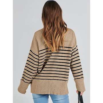 ANRABESS Women's Oversized Crewneck Long Sleeve Fuzzy Knit Casual Chunky Warm 2024 Fall Pullover Sweaters Top Trendy Outfits Camel Black Stripe Medium