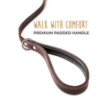 Mighty Paw Leather Dog Leash for Large Breeds - Soft Padded Handle - Extra D-Ring for Waste Bags - Strong Climbers Clip - 6 Ft Dog Leashes for Large Breeds - Leather Lead - Brown