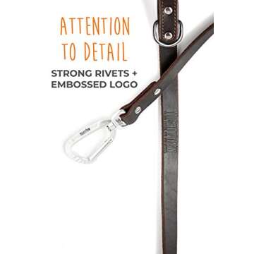 Mighty Paw Leather Dog Leash for Large Breeds - Soft Padded Handle - Extra D-Ring for Waste Bags - Strong Climbers Clip - 6 Ft Dog Leashes for Large Breeds - Leather Lead - Brown