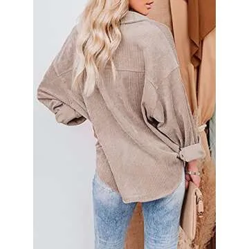 Dokotoo Womens V Neck Roll Up Long Sleeve Pocket Corduroy Shirts Casual Boyfriend Button Down Petite...