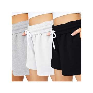 AUTOMET Womens Sweat Shorts Casual Summer Drawstring Comfy Elastic High Waist Running Clothes with Pockets 3 Pack: Black&Grey&White M