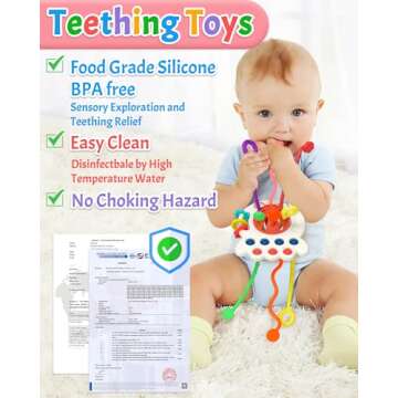 Yetonamr Baby Sensory Montessori Toys for 6-12-18 Months, Pull String Silicone Teething Toy, Stocking Stuffers Birthday Gift Travel Toy for 1 2 Year Old Boy Girl Infant Toddlers 8 9 10 Months Old