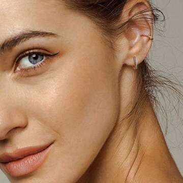 MEVECCO 14K Gold Plated 3 Row Pave Cubic Zirconia Hoop Earrings Dainty Handmade Huggie Earrings for Women