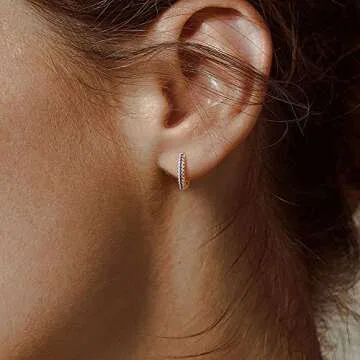 MEVECCO 14K Gold Plated 3 Row Pave Cubic Zirconia Hoop Earrings Dainty Handmade Huggie Earrings for Women