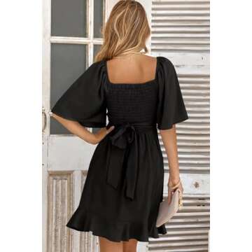 Dokotoo Womens Black Dresses Summer Wrap V Neck Short Sleeve Smocked Elastic Waist Tiered Belted Ruf...
