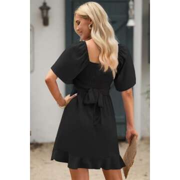 Dokotoo Womens Black Dresses Summer Wrap V Neck Short Sleeve Smocked Elastic Waist Tiered Belted Ruffle Hem Mini Dress Graduation Dress XL