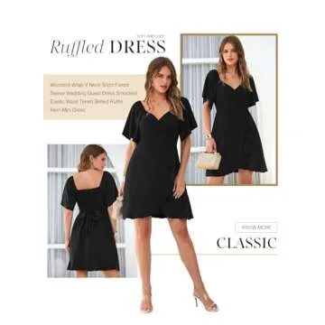 Dokotoo Womens Black Dresses Summer Wrap V Neck Short Sleeve Smocked Elastic Waist Tiered Belted Ruffle Hem Mini Dress Graduation Dress XL