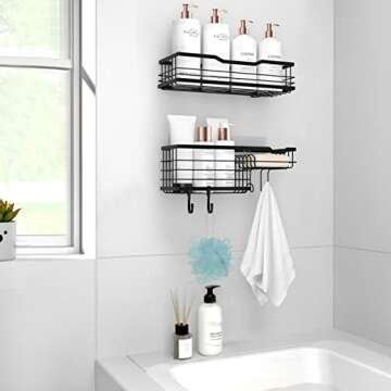 HBlife 2 PCS Shower Caddy Adhesive Shower Organizer, Black Shower Caddy with Soap Dish, No Drilling Stainless Steel Shower Shelf for inside Shower(Includes 4 Adhesive Strips and Removable Hooks)