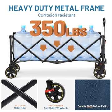 TIMBER RIDGE 51.2'' Extended Collapsible Wagon Cart with Brakes and Cargo Net, 350LBS Heavy Duty Foldable Utility Wagon with Adjustable Handle, 400L Capacity Portable Cart for Camping Sports Shopping