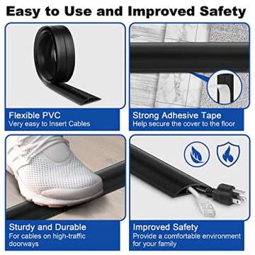 4FT Cord Cover Floor, Beige Cord Hider Floor, Extension Cable Cover Power Cord Protector Floor, Cable Management Hide Cords on Floor- Soft PVC Wire Covers - Cord Cavity: 0.47" (W) x 0.24" (H)