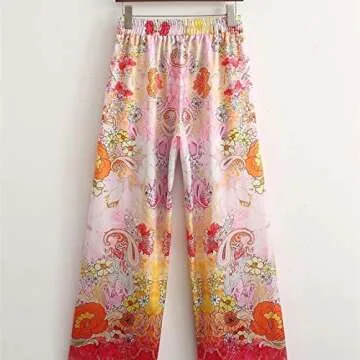 AOBRICON Palazzo Pants for Women Summer Totem Floral Print Wide Leg Pants Elastic Waist Long Casual Loose Trousers Pink
