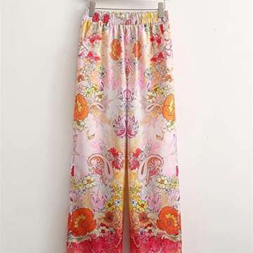 AOBRICON Palazzo Pants for Women Summer Totem Floral Print Wide Leg Pants Elastic Waist Long Casual Loose Trousers Pink