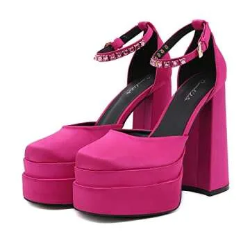 Platform Shoes for Women Square Toe Chunky High Heels Ankle Buckle Strap Mary Janes Fashion Rhinestones Dress Wedding Pump Rose Red