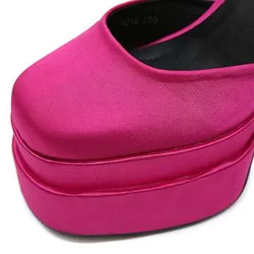 Platform Shoes for Women Square Toe Chunky High Heels Ankle Buckle Strap Mary Janes Fashion Rhinestones Dress Wedding Pump Rose Red