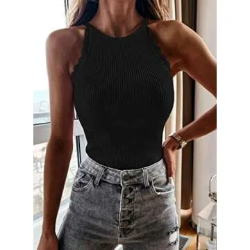 Dokotoo Womens Ladies Basic Cute Casual Summer Ribbed Knit Solid High Neck Turtleneck Tight Slimming Fitted Sleeveless Shirts Long Tank Tops Tops Black M