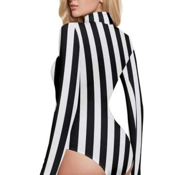 NUSTAPU Womens Turtle Neck Long Sleeve Bodysuits Sexy Stretchy Going Out Tops Retro Stripe Body Suit Jumpsuit Black White Stripe Print Medium