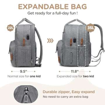 Qualyphant Extra Large Diaper Bag for 2 Kids - Expandable 35L Twin Diapers Bags Backpack with 4 Insu...