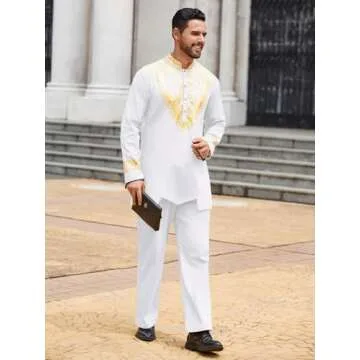 Pacinoble Mens African Dashiki Shirt and Pants Outfit Mens African 2 Piece Set Floral Printed Metallic Traditional Suit