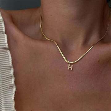 Gold Initial Necklaces For Women Trendy,Dainty 18k Gold Plated Charm Choker Necklace For Women Herringbone Chain Necklaces Jewelry H