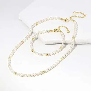 shownii Natural Pearl Necklace for Women,14K Real Gold Plated Freshwater Pearl Choker Necklace and Bracelets Set Adjustable Chain Necklace Jewelry Gift for Women Girls