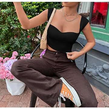 MISSACTIVER Womens Sexy Sweetheart Neck Short Sleeve Crop Top Basic Ribbed Knit Skinny Workout Cropped Tee Shirt Tank Vest Black