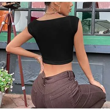 MISSACTIVER Womens Sexy Sweetheart Neck Short Sleeve Crop Top Basic Ribbed Knit Skinny Workout Cropped Tee Shirt Tank Vest Black