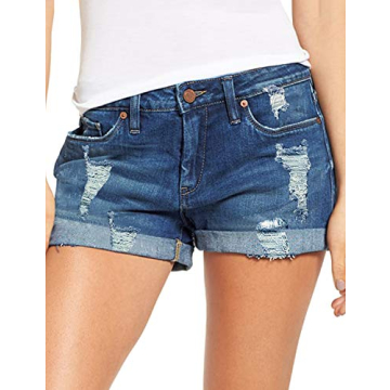 luvamia Women's Ripped Denim Jean Shorts High Waisted Stretchy Folded Hem Short Jeans Denim Blue Siz...