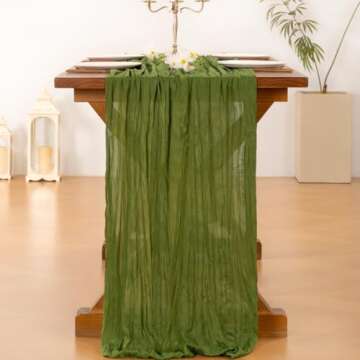 Socomi Olive Green Table Runner Spring Easter Cheesecloth Table Runner 170 inch Cheese Cloth Runner 14FT Boho Rustic Gauze Table Runner for Wedding Party Baby Shower Decor