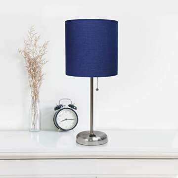 Simple Designs LT2024-NAV Modern Desk Lamp with Charging Outlet - Navy Blue Shade