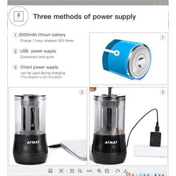 AFMAT Rechargeable Long Point Pencil Sharpener for Artist, 3 Point Options, Auto Stop, 8-25mm Super Long Tip, Electric Artist Pencil Sharpener for φ6-8.5mm Charcoal/Drawing/Sketching/Colored Pencils