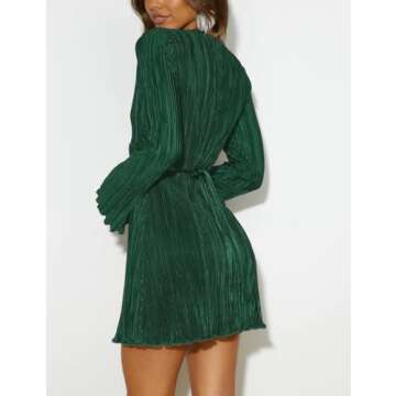 Long Sleeve Mini Dress Women Pleated Plisse Satin Flare deep v Neck Casual Cocktail Party Night Going Out Elegant Wedding Guest Rave Short Tunic Dresses Trendy Outfits 2024 Christmas L Emerald Green