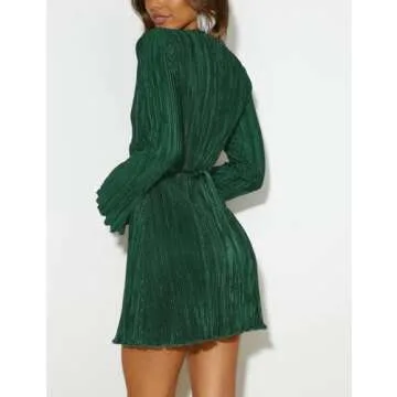 Long Sleeve Mini Dress Women Pleated Plisse Satin Flare deep v Neck Casual Cocktail Party Night Going Out Elegant Wedding Guest Rave Short Tunic Dresses Trendy Outfits 2024 Christmas L Emerald Green