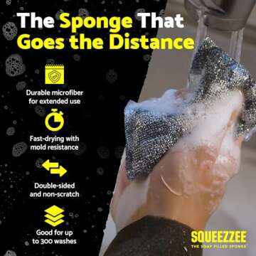 Squeezzee Soap Filled Scrubber Sponges 2-Pack - Non Scratch Scrubbing Sponge with Built-in Dishwashing Liquid Dish Soap, Double Sided Kitchen Cleaning Scrubbers, Up to 300 Washes Per Sponge