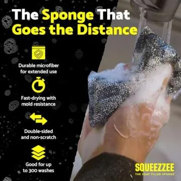 Squeezzee Soap Filled Scrubber Sponges 2-Pack - Non Scratch Scrubbing Sponge with Built-in Dishwashing Liquid Dish Soap, Double Sided Kitchen Cleaning Scrubbers, Up to 300 Washes Per Sponge