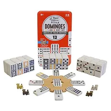 Regal Games Mexican Train Double 12 Dominoes Set for Adults & Kids - Domino Game with 91 Tiles Colored Dots & 4 Metal Trains - 2-8 Player Games & Ideal for Family Fun Game Night and Travel (Ages 8+)