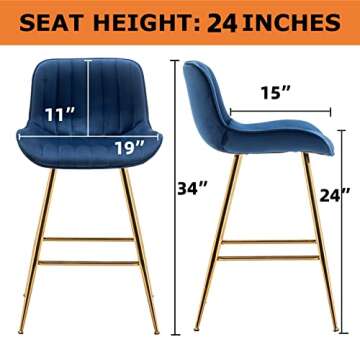 Sidanli 24 Inch Bar Stools, Gold Bar Stools Set of 2, Blue Velvet Counter Height Stools.